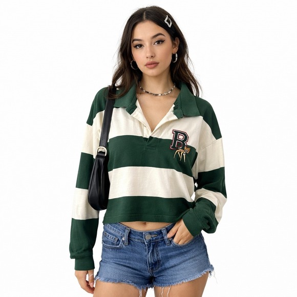 Disney Bambi Cropped Rugby Shirt Green Stripe Polo XL - Picture 7 of 7